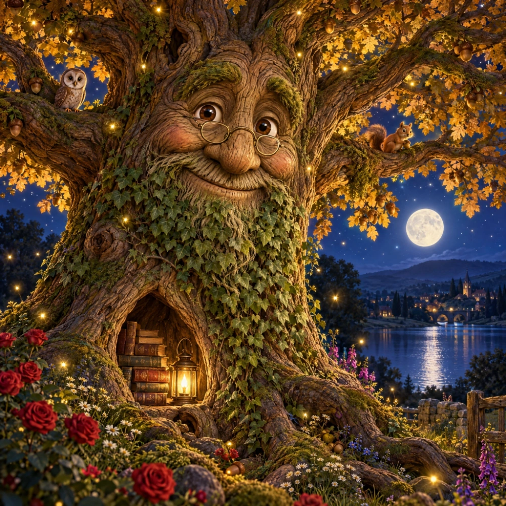 Cloverwood, the kindly old tree with spectacles, an owl and a squirrel beneath the moon