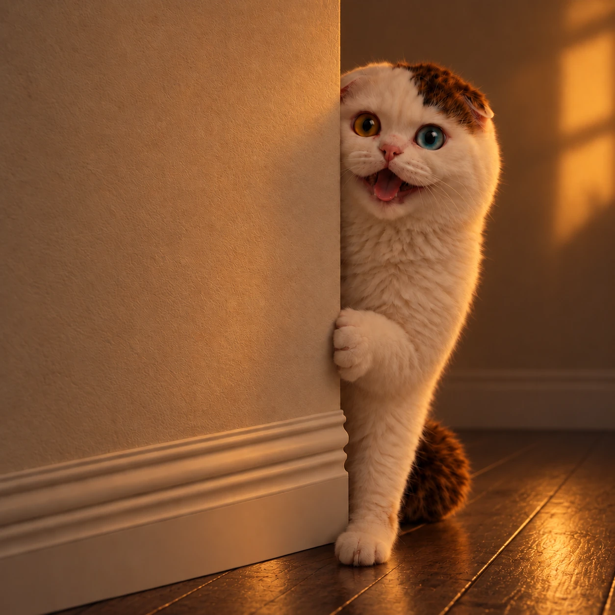 Seamus, a white folded-ear cat with amber and blue eyes, peeking around a warm wall