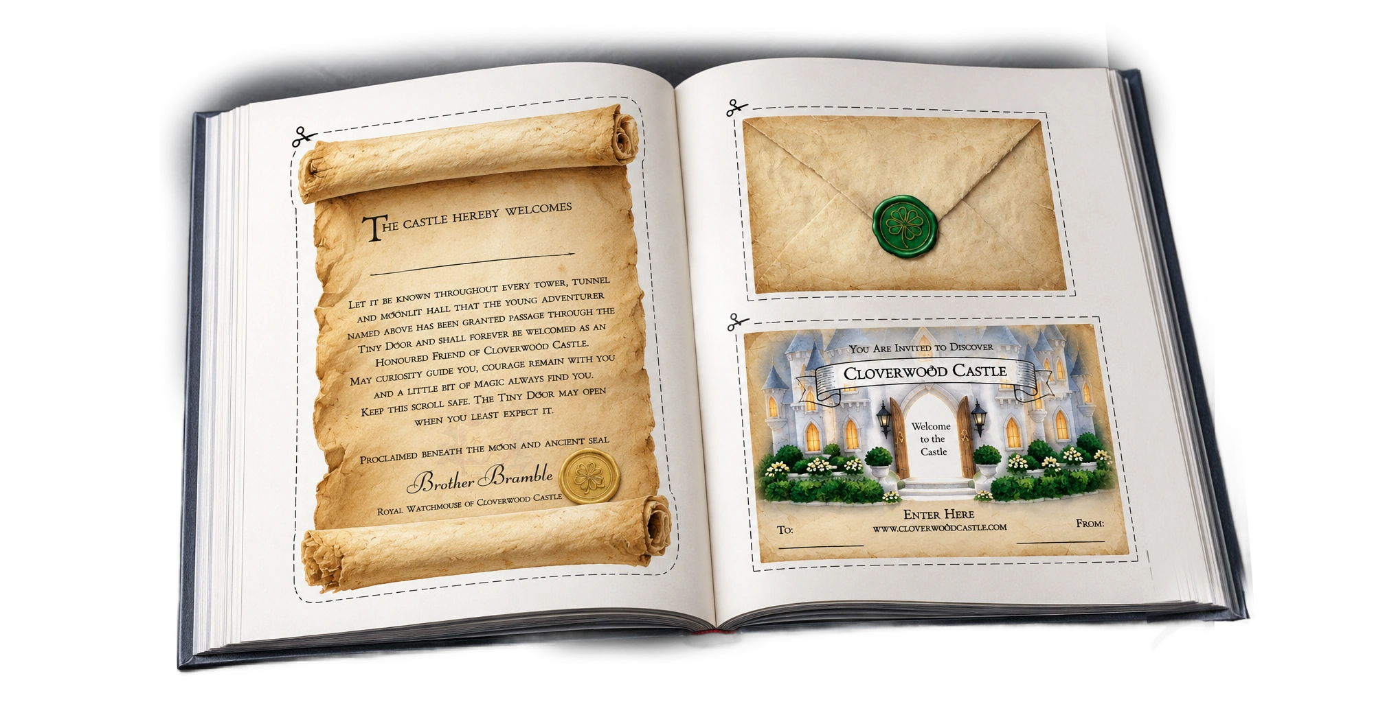 Open book showing a cut-out keepsake scroll and invitations to Cloverwood Castle