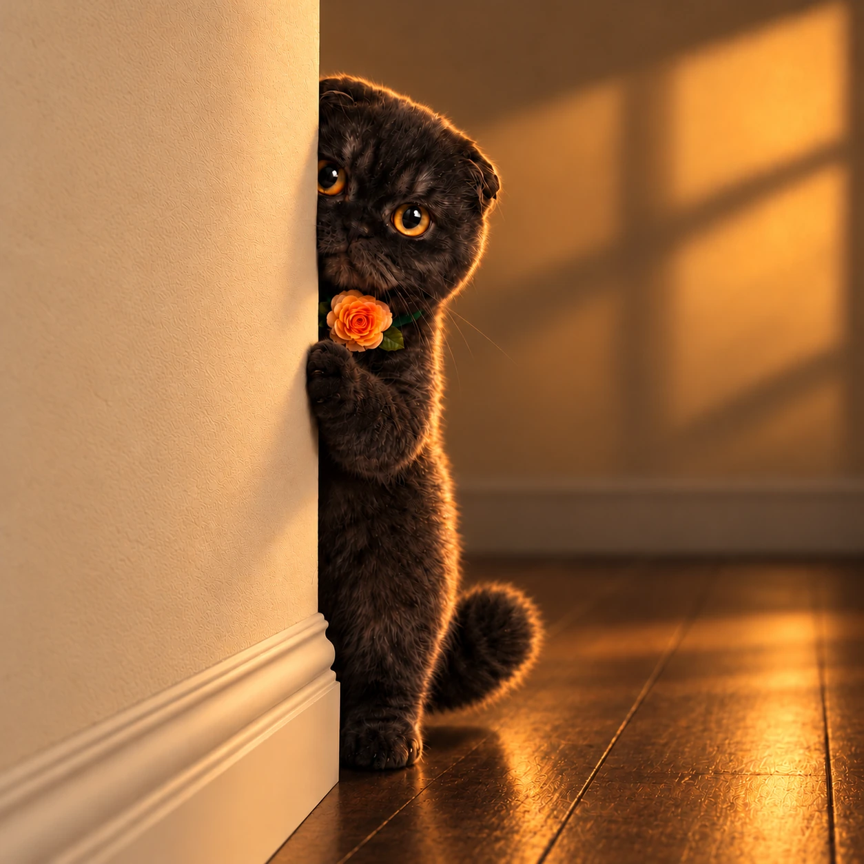 Stormie, a dark folded-ear cat with a rose at her collar, peeking around a warm wall
