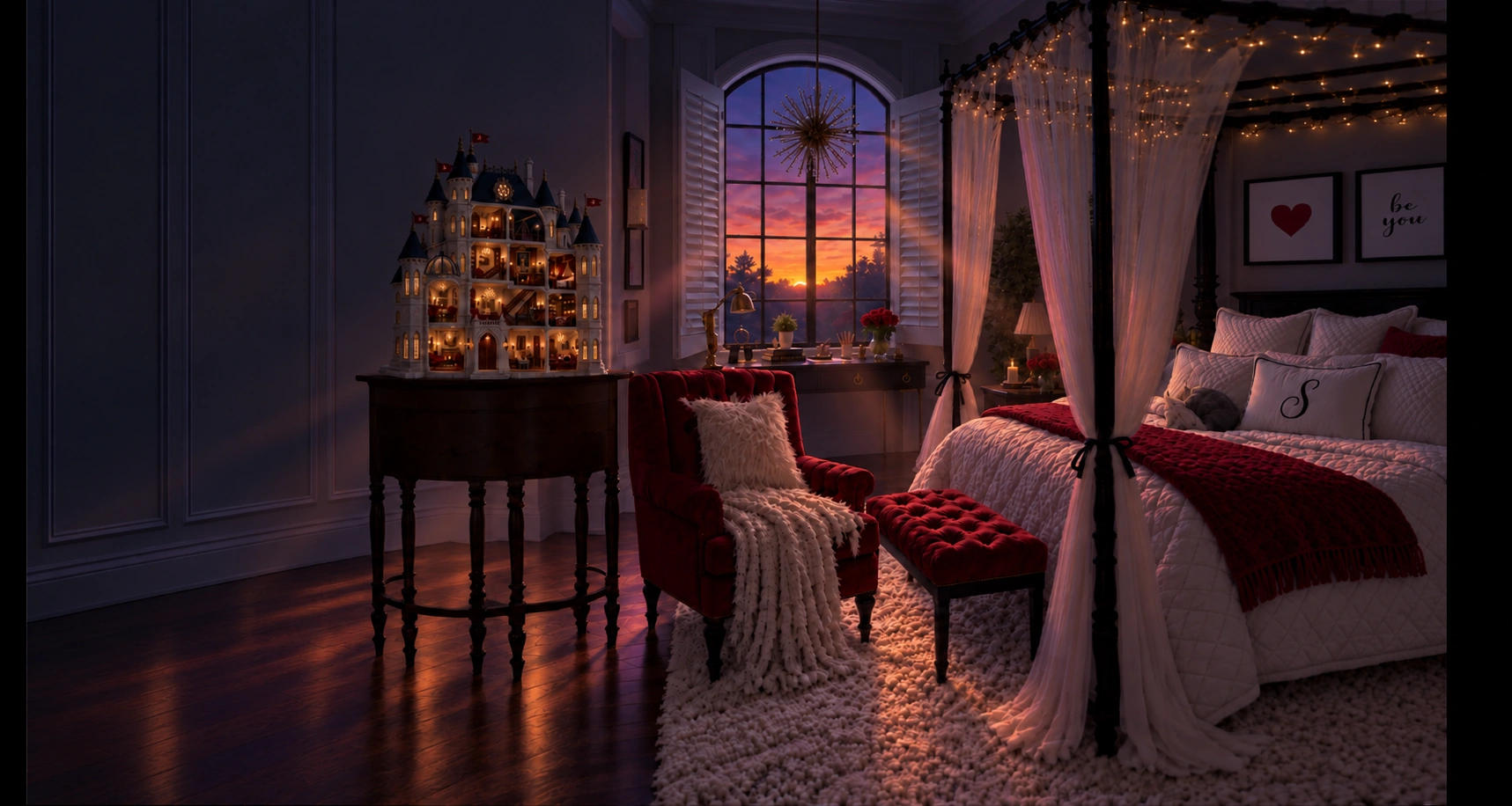 Stormie asleep in her four-poster bedroom at dawn beside the illuminated miniature Cloverwood Castle