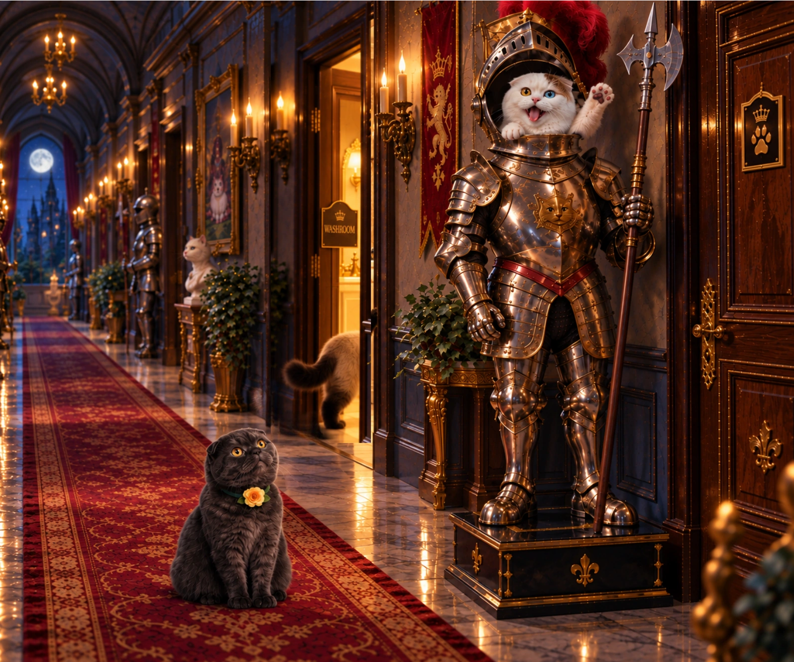 Seamus wears shining knight armour in a castle corridor while Stormie looks on