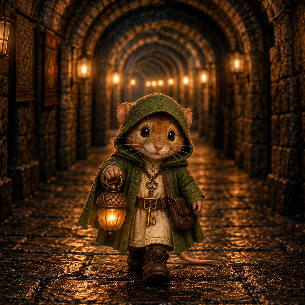 Brother Bramble, a proper little mouse with a green cloak and a glowing acorn lantern