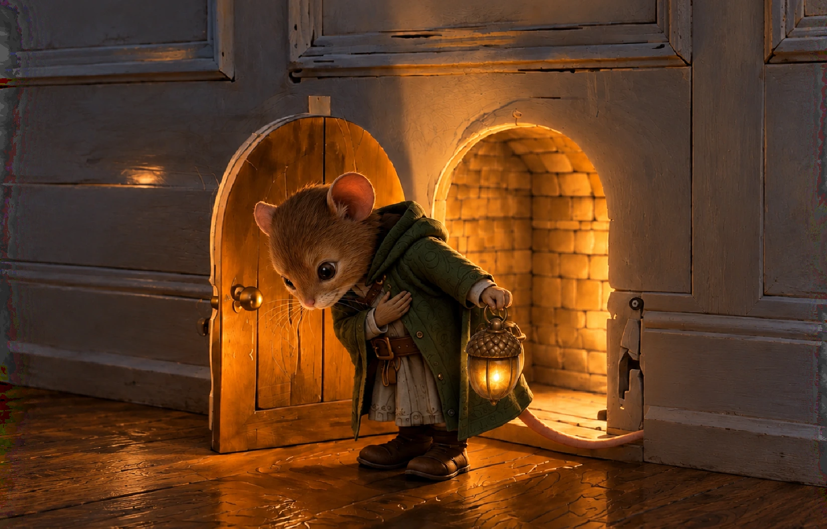 Brother Bramble bows beside the glowing Tiny Door with his acorn lantern