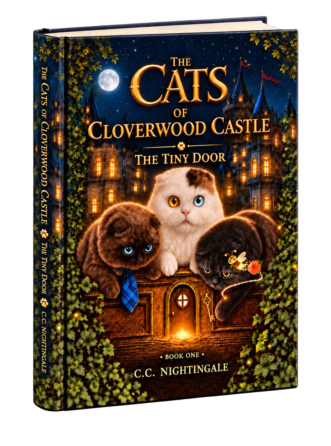 The real front cover of The Cats of Cloverwood Castle: The Tiny Door by C.C. Nightingale