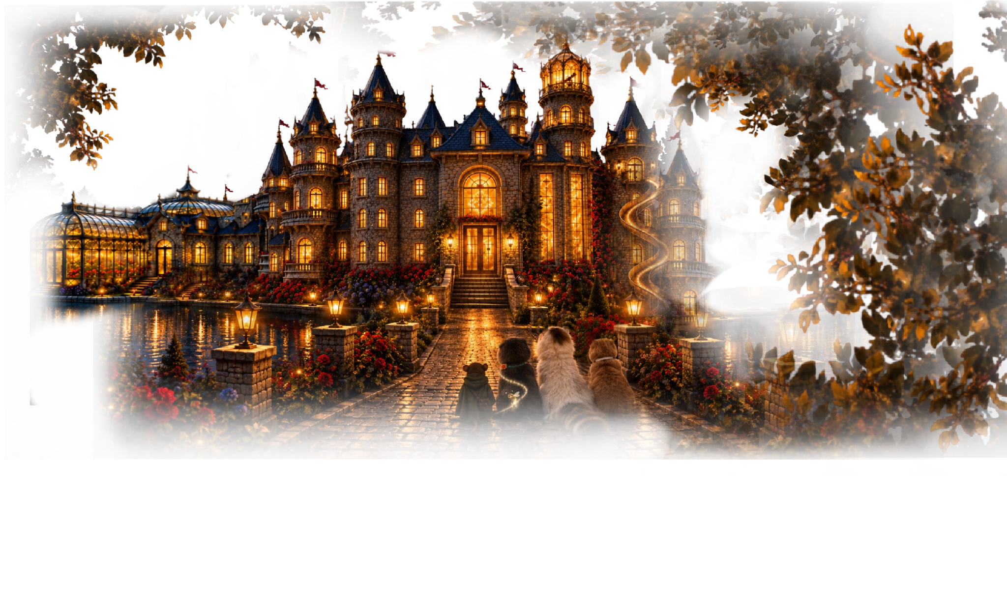 Brother Bramble, Stormie, Flicker, Seamus and Smudgie approaching Cloverwood Castle at night