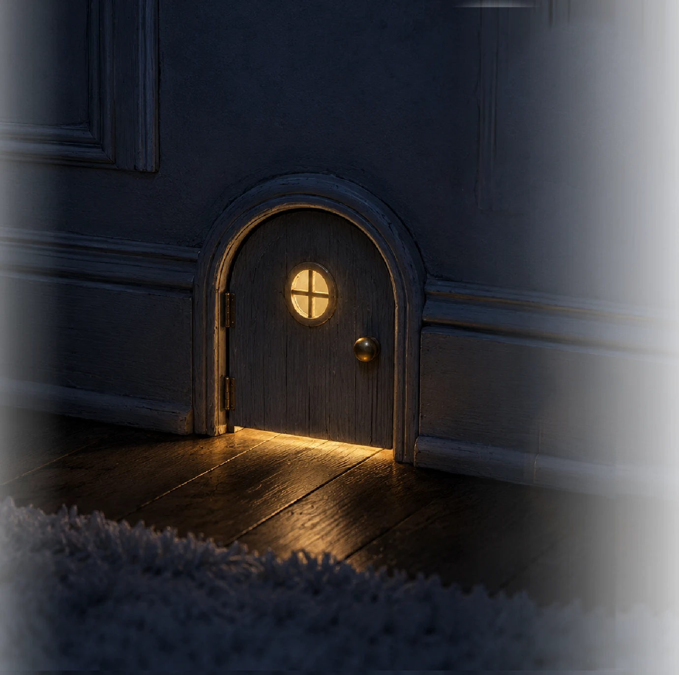 The arched Tiny Door glowing warmly at the baseboard of the family’s darkened room