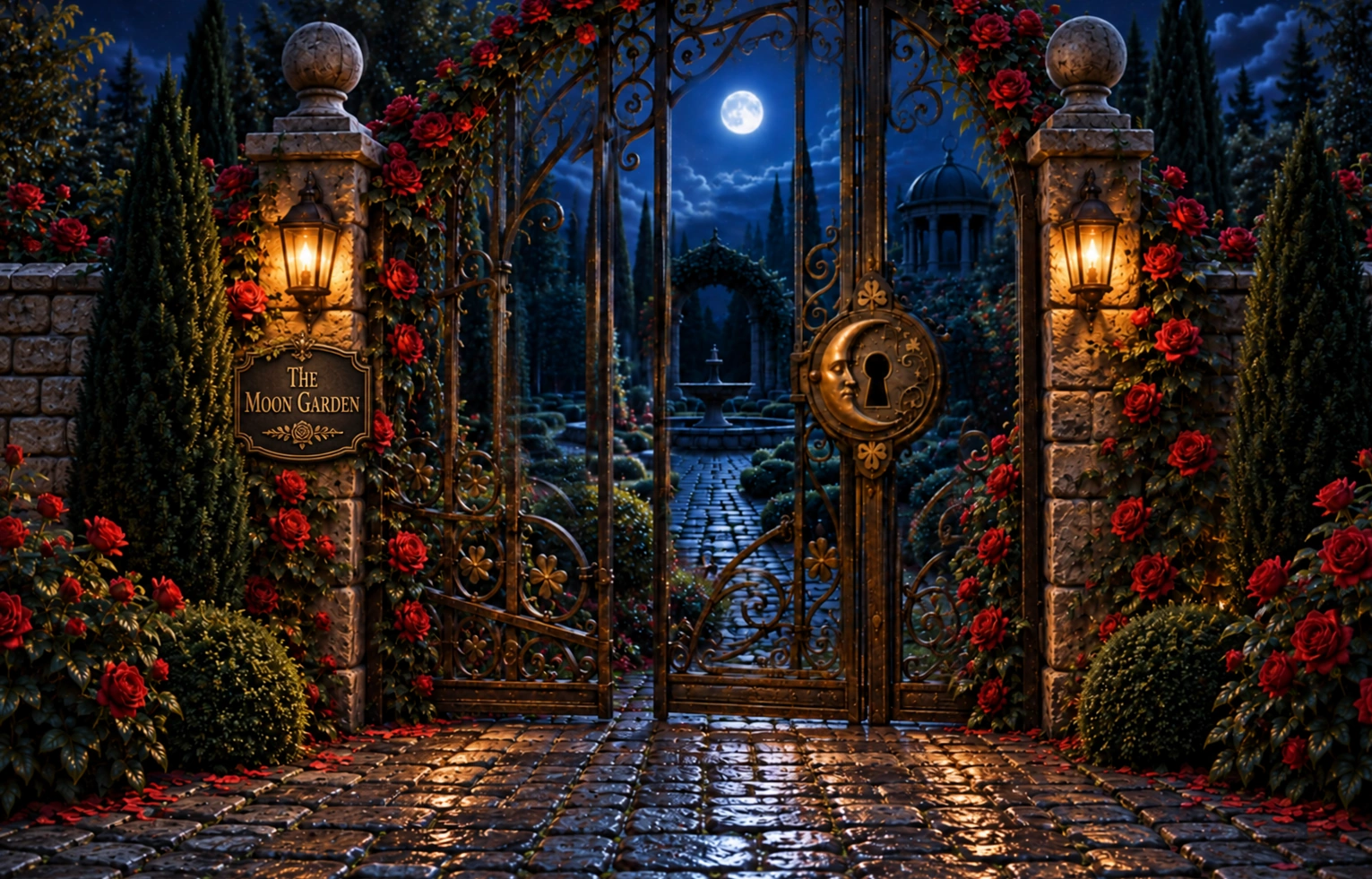 The moonlit entrance to the locked Moon Garden, framed by roses and lanterns