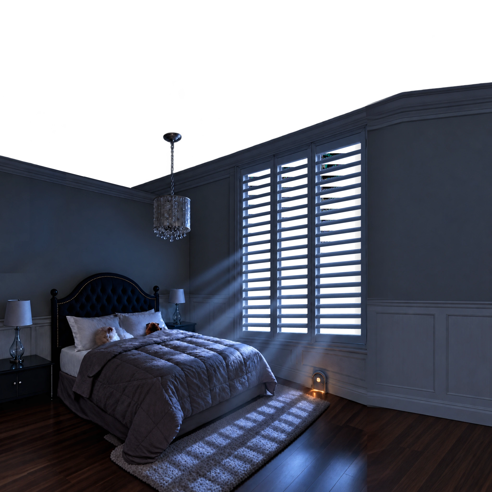 Seamus and Smudgie asleep in the boys’ bedroom as moonbeams pass through the shutters and the Tiny Door glows