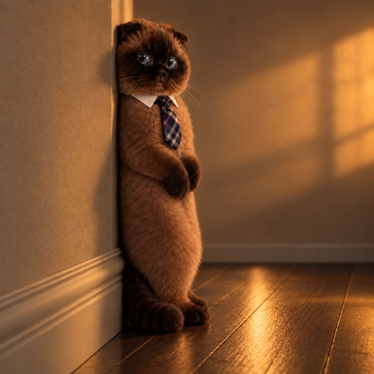 Smudgie, a brown folded-ear cat in a plaid necktie, leaning against a warm wall