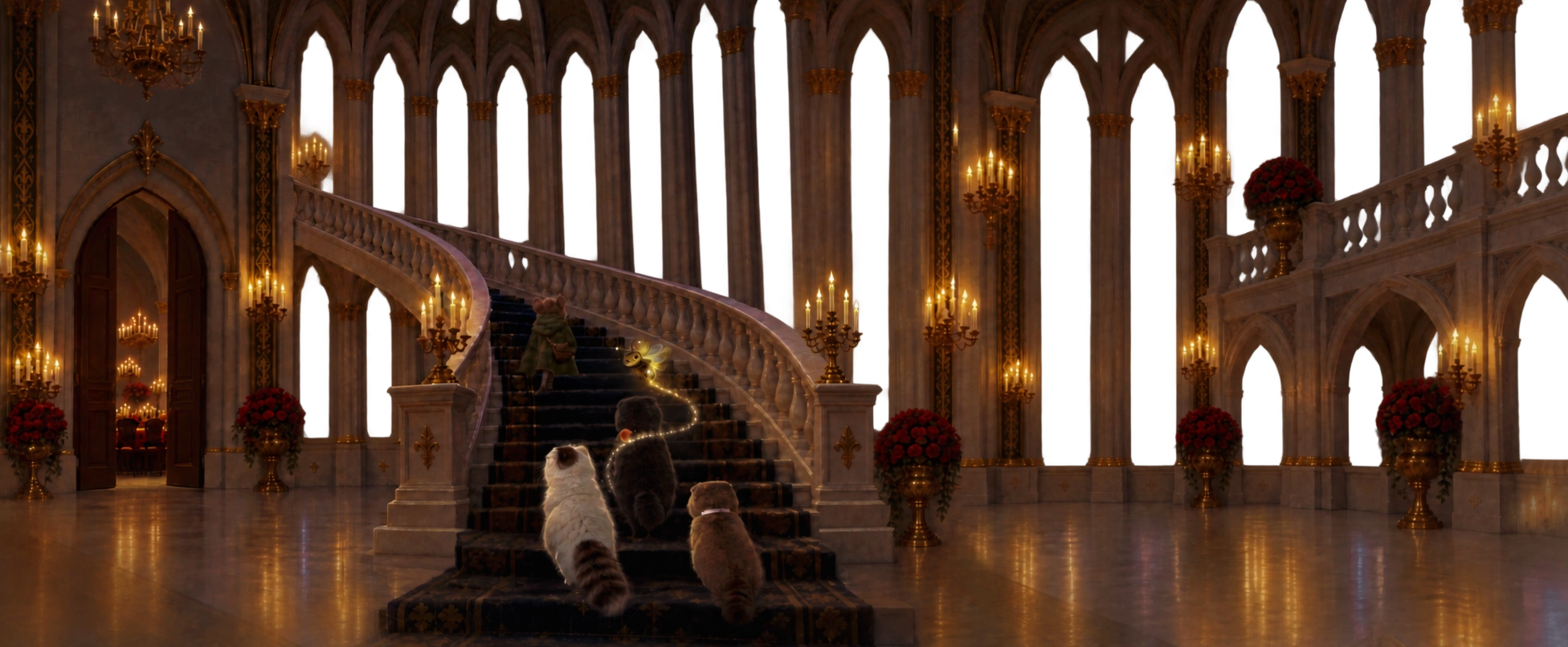 Brother Bramble, Stormie, Flicker, Seamus and Smudgie climbing the grand staircase inside Cloverwood Castle