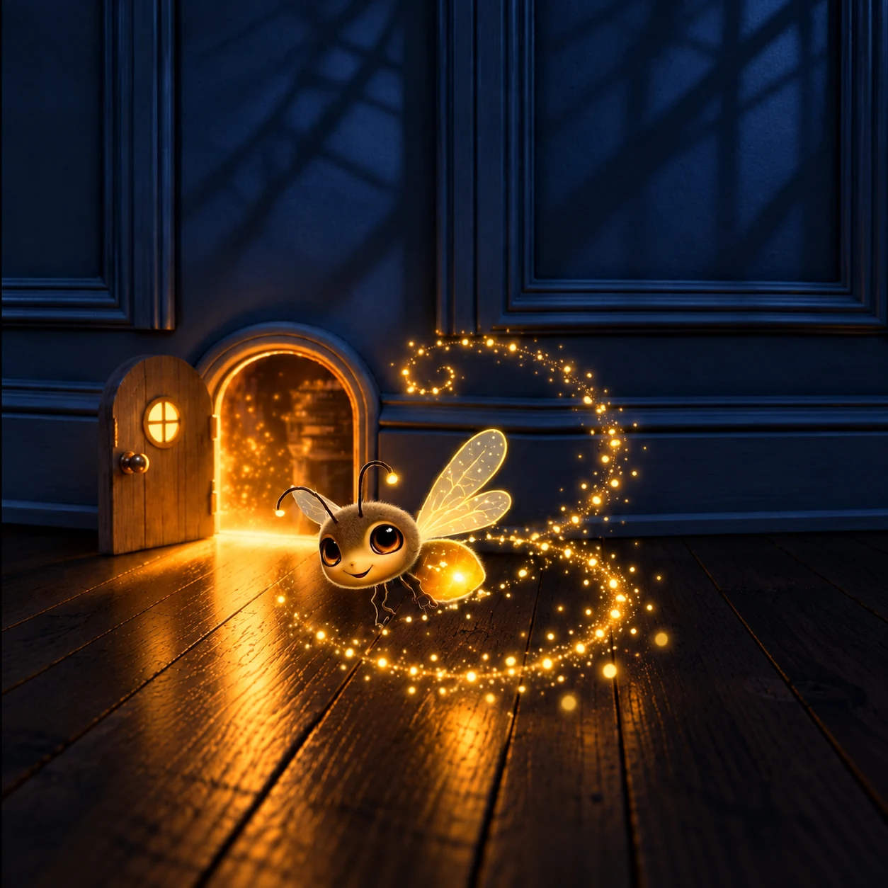 Flicker the glowing firefly near the open Tiny Door, trailing golden sparkles