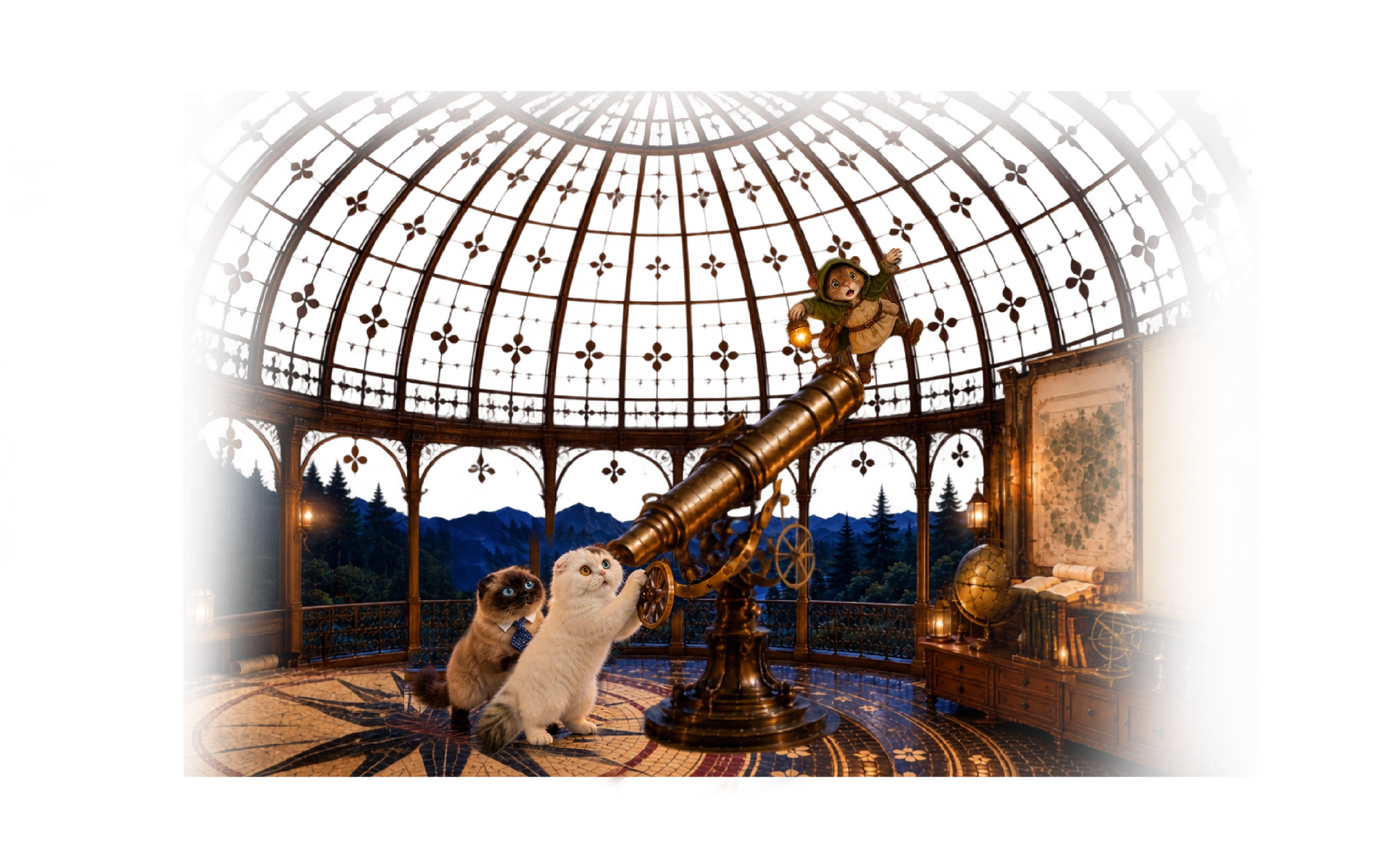 The Wonderglass Observatory inside Cloverwood Castle, with its brass telescope, maps and moonlit glass dome