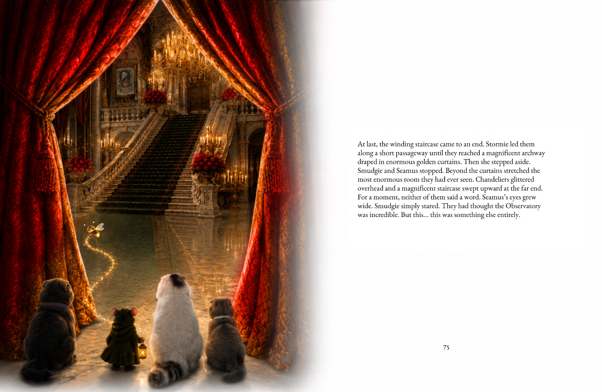 Bramble and the cats pass the red curtains and see the Great Hall.