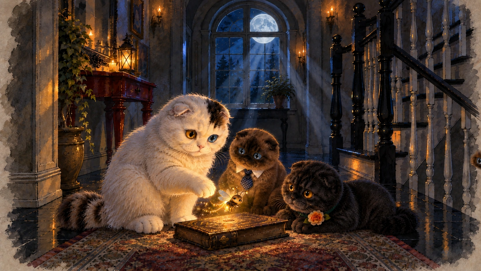 Seamus, Smudgie and Stormie gathered around an old book with Flicker inside the moonlit castle