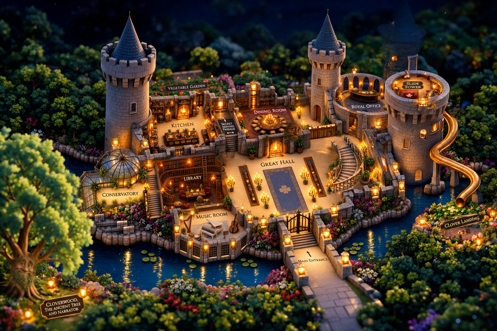 A three-dimensional cutaway map of Cloverwood Castle and its rooms beside the moonlit lake